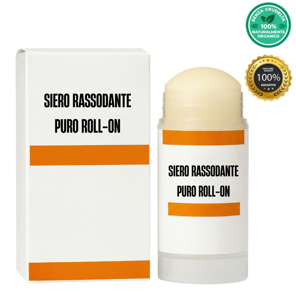 Siero rassodante puro roll-on in confezione elegante, prodotto per una skincare efficace e tonificante.