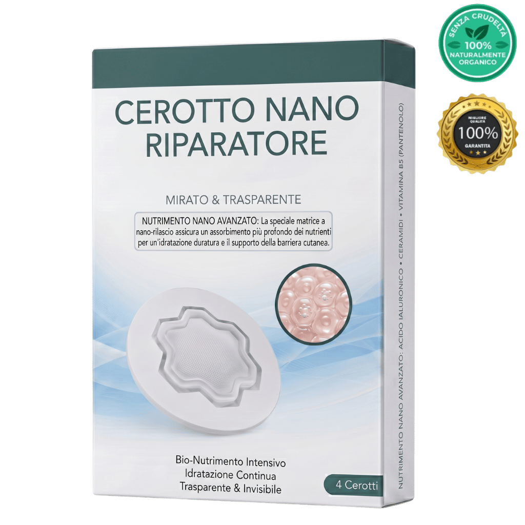Cerotto Nano Riparatore della Pelle confezione con 4 patch trasparenti per la cura della pelle.