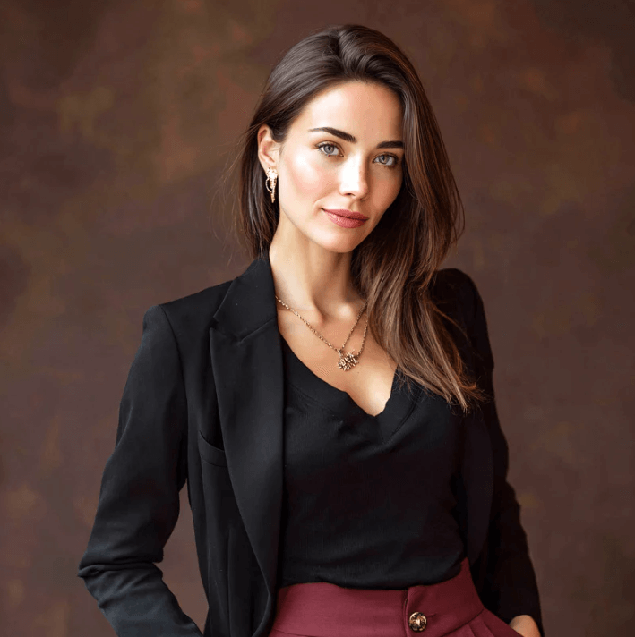 Confident woman wearing a blazer, showcasing natural beauty and radiance, promoting self-care and elegance.