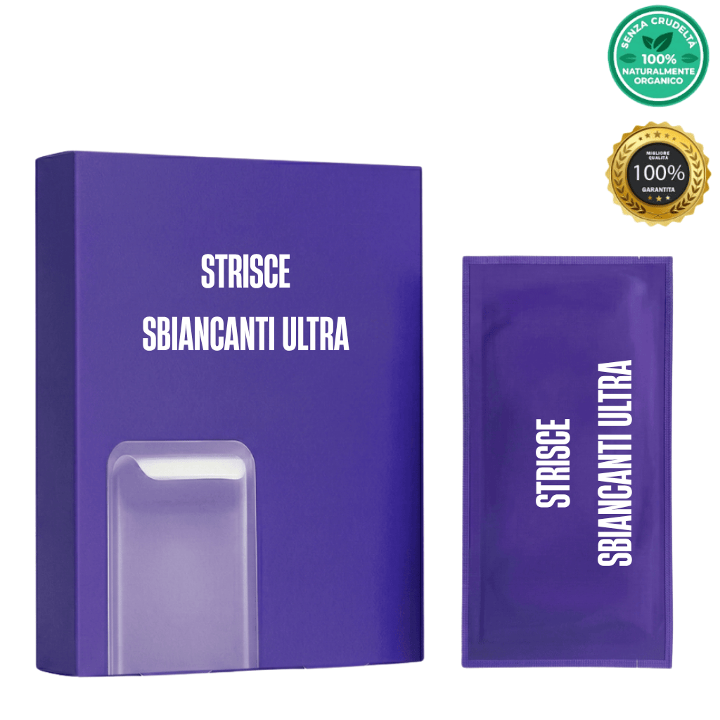 Strisce sbiancanti ultra confezione e strisce per un sorriso luminoso e curato.