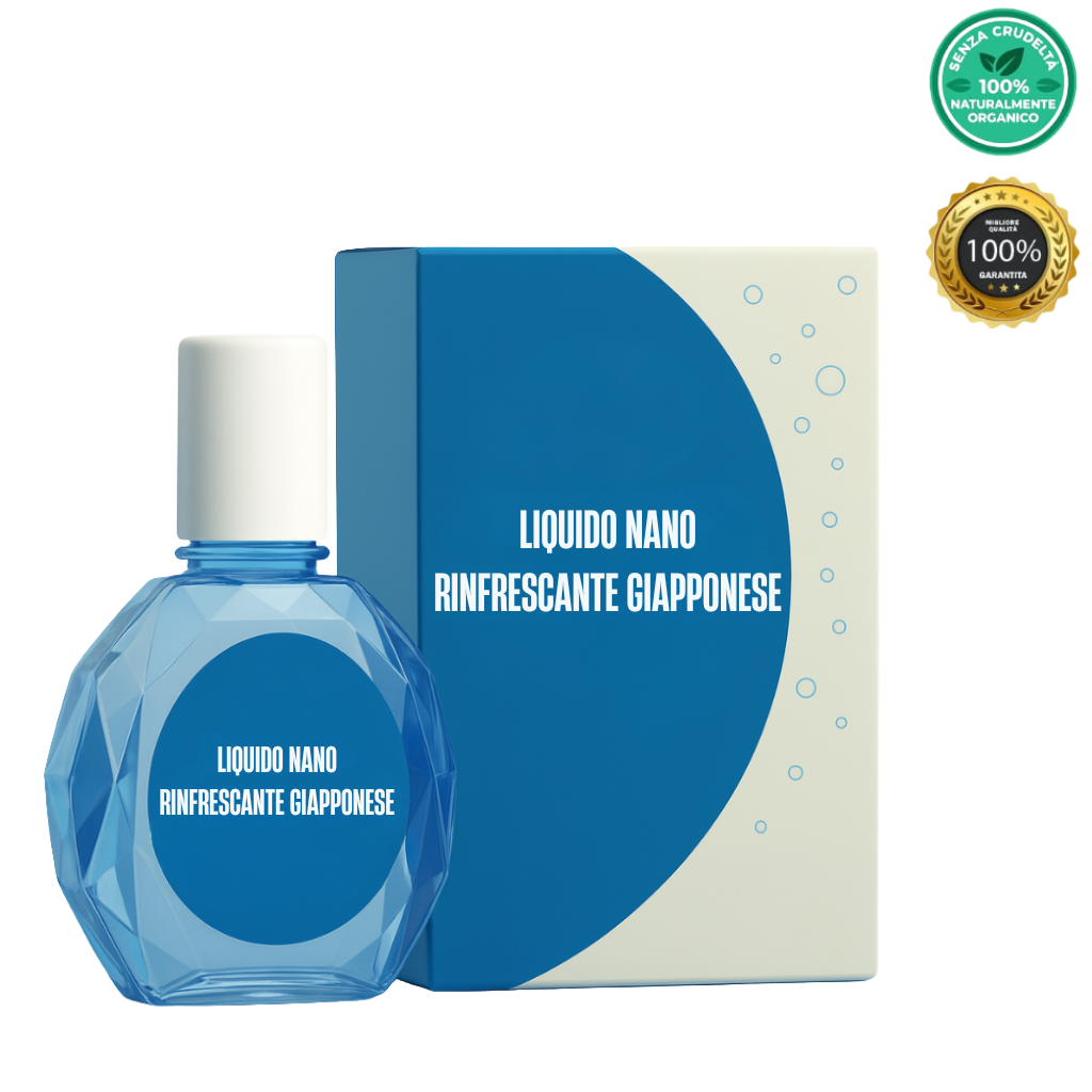 Liquido Nano Rinfrescante Giapponese in flacone trasparente con packaging blu e certificazione 100% naturale.