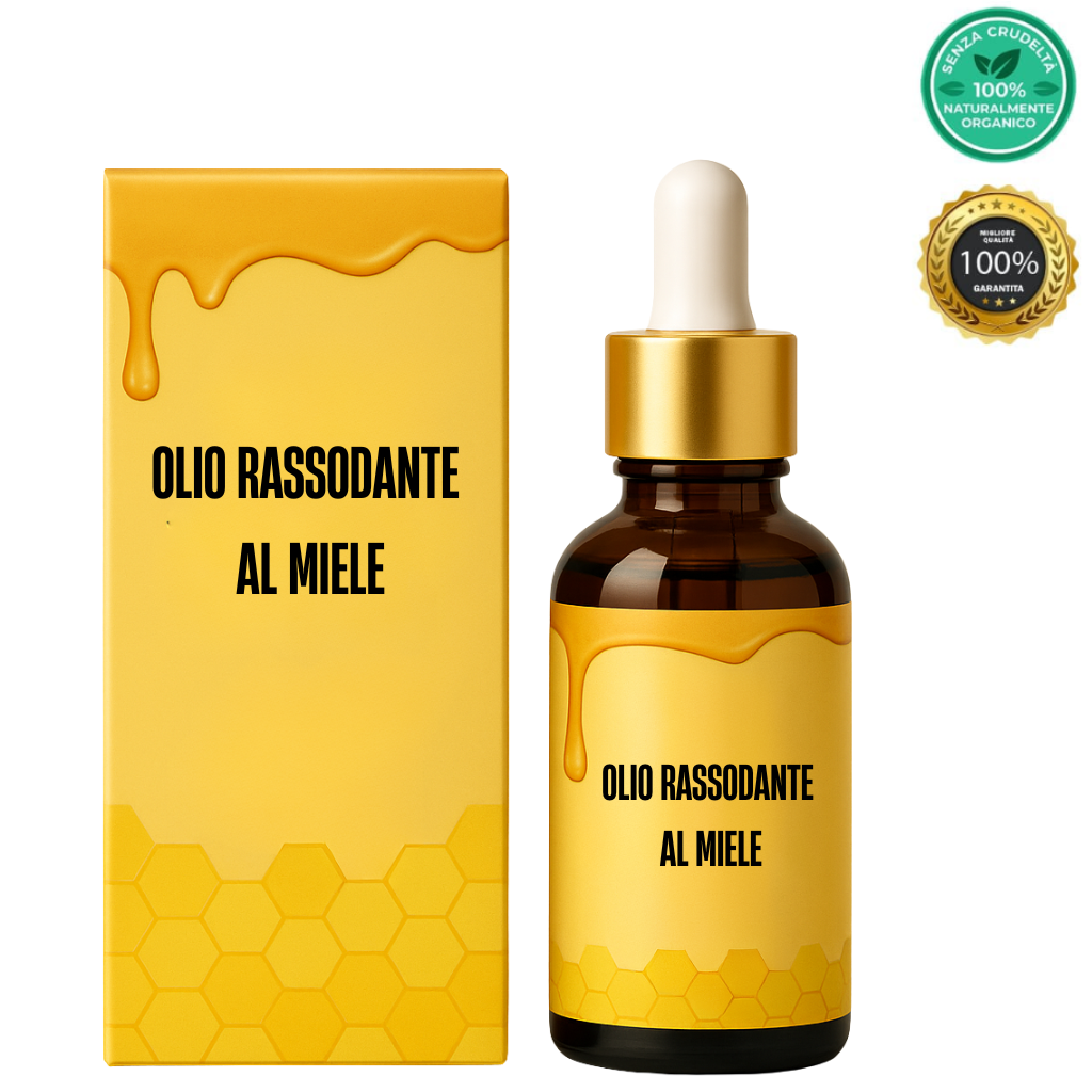 Olio Rassodante al Miele Premium in flacone con contagocce e confezione color miele