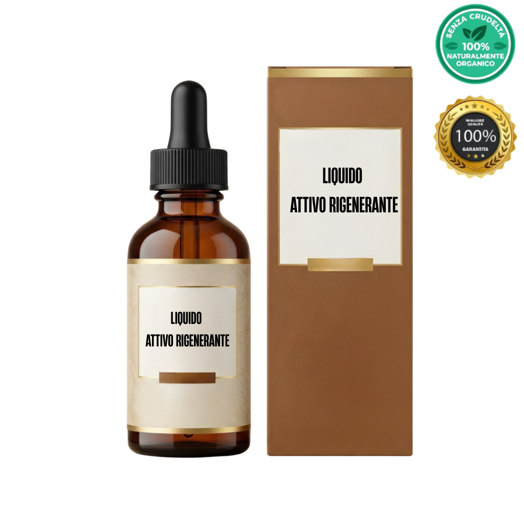 Flacone di liquido attivo rigenerante per la pelle con etichetta e confezione, bellezza naturale.