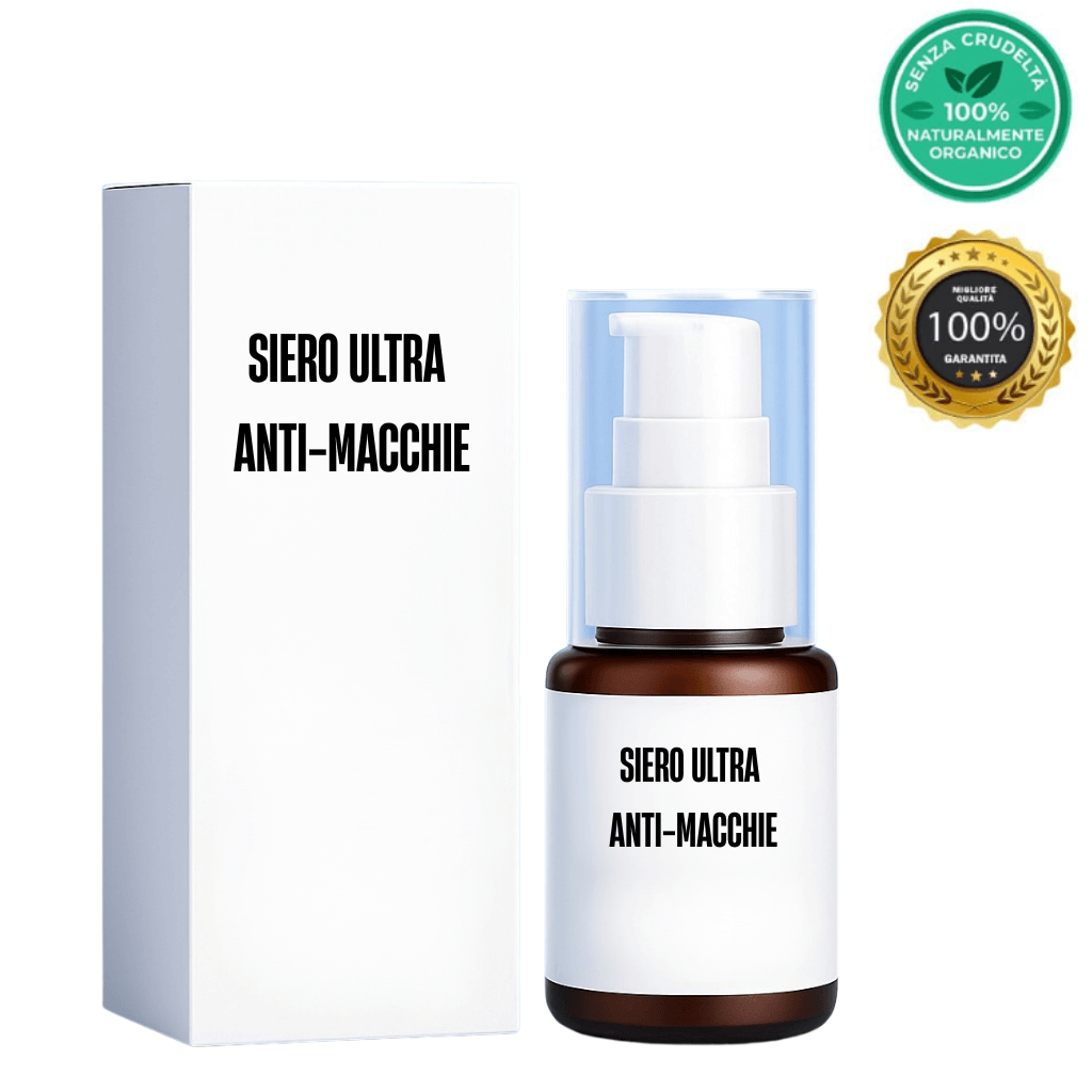 Siero Ultra Anti-Macchie in flacone con confezione bianca, siero per un incarnato più chiaro e uniforme.