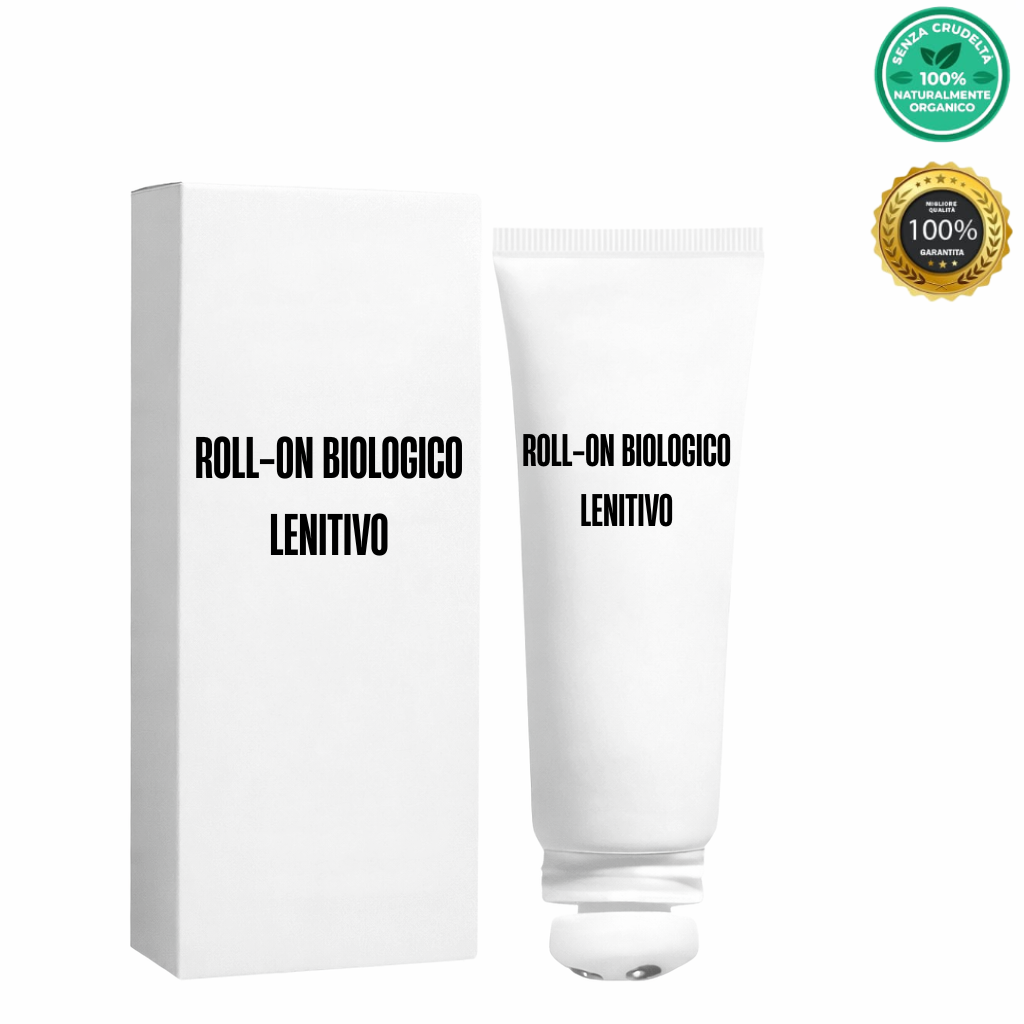 Roll-On Biologico Lenitivo packaging and product tube on a white background, promoting a fresh skincare experience.