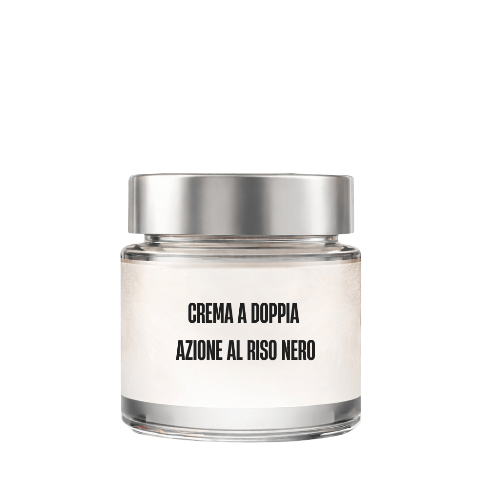 Crema a doppia azione al riso nero in un elegante barattolo per skincare raffinata.