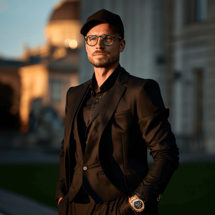 Uomo elegante in abbigliamento formale, occhiali e cappellino, con paesaggio urbano sullo sfondo.