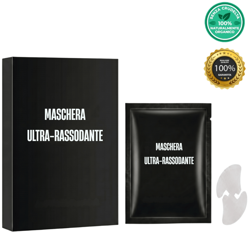 Maschera ultra-rassodante viso con packaging elegante e certificazione naturale, ideale per una pelle levigata.