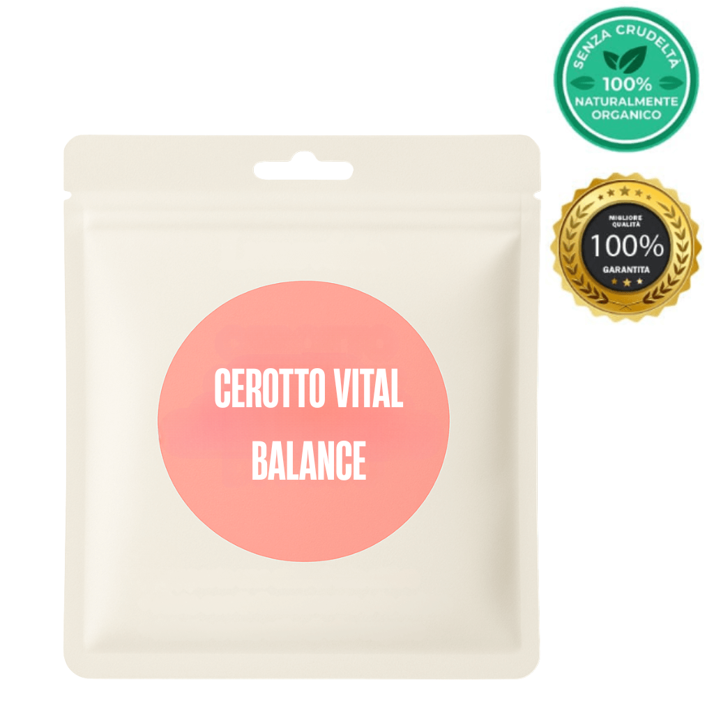 Cerotto Vital Balance packaging, cosmetico leggero per la routine di bellezza quotidiana.