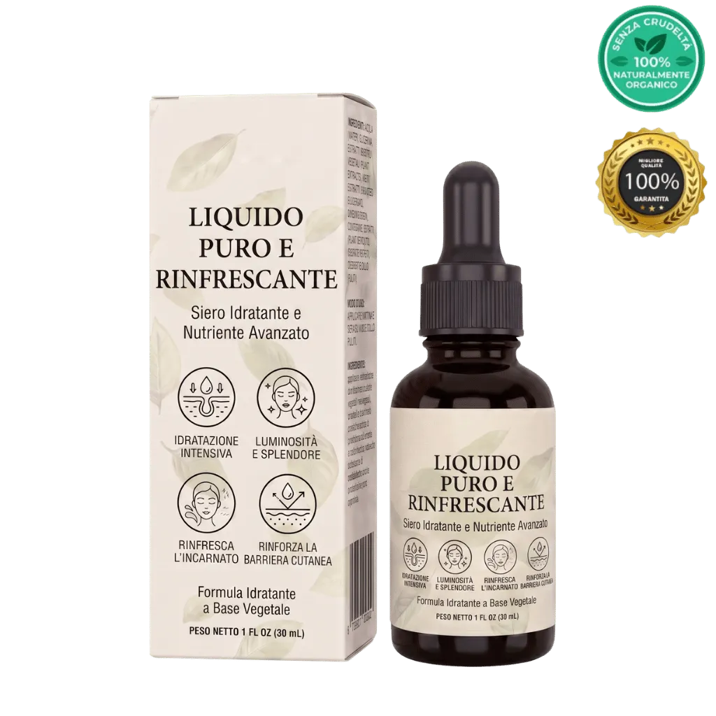 Liquido Puro e Rinfrescante, siero idratante per una pelle morbida e nutrita, con formula vegetale.