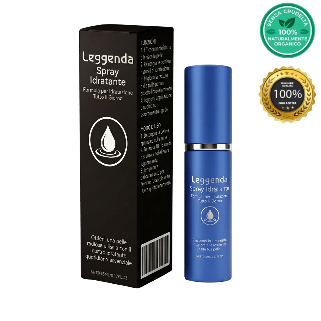 Leggenda Spray Idratante in flacone con confezione, formula per idratazione quotidiana e pelle fresca.