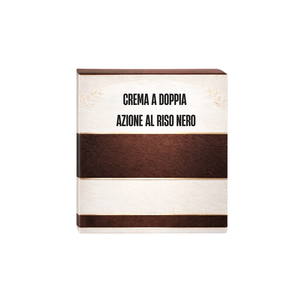 Crema a doppia azione al riso nero packaging, skincare per incarnato luminoso e morbido.