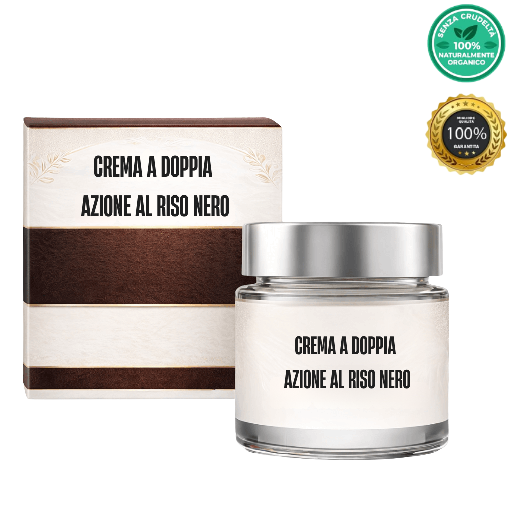 Crema a doppia azione al riso nero in elegante contenitore con confezione, skincare liscio e luminoso.