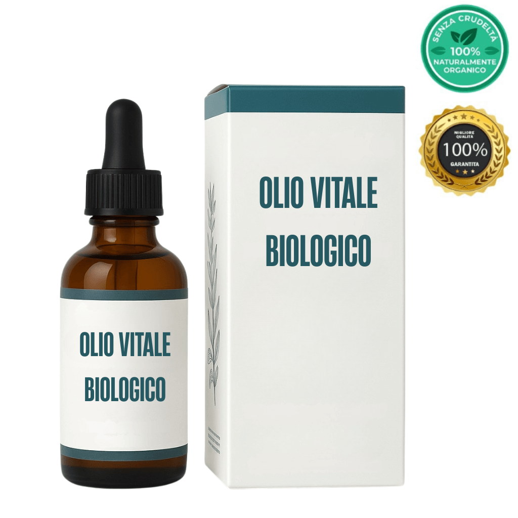 Olio Vitale Biologico in bottiglia marrone con scatola bianca, etichetta verde, oliorealizzante per la pelle.