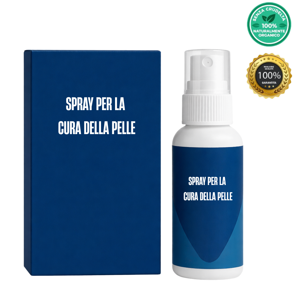 Spray per la cura della pelle in flacone con etichetta, confezionato con box blu.
