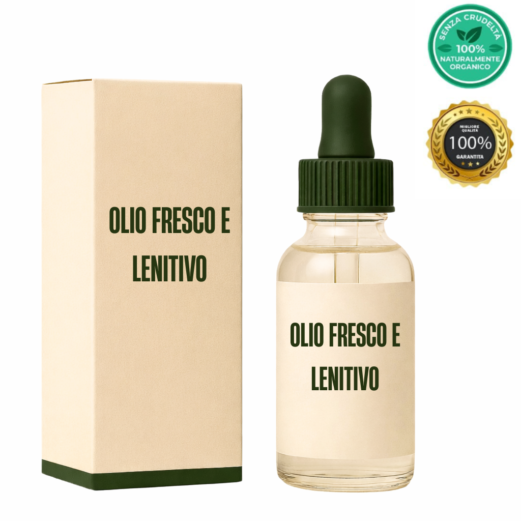 Olio Fresco e Lenitivo - flacone di olio botanico con confezione in cartone.