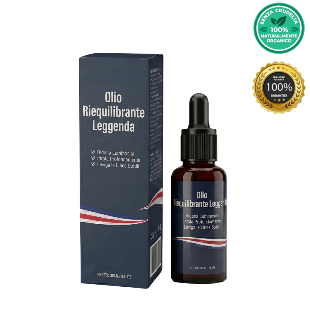 Olio Equilibrante Legend in dropper bottle with packaging, promoting skin nourishment and comfort.