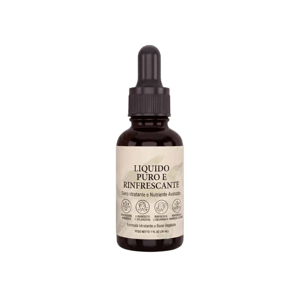 Flacone di Liquido Puro e Rinfrescante, siero idratante e nutriente per la pelle in un design elegante.