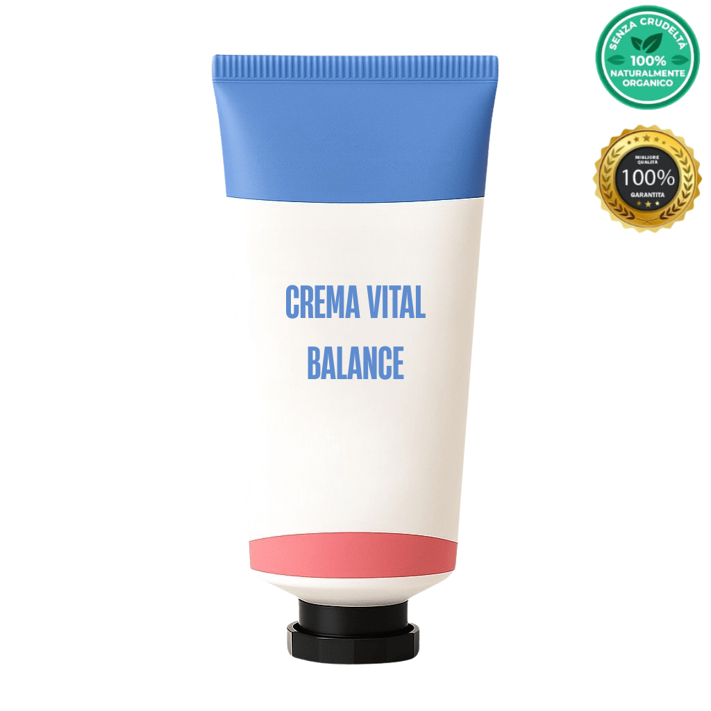 Crema Vital Balance cosmetica leggera in tubetto, ideale per un rituale di bellezza quotidiano.