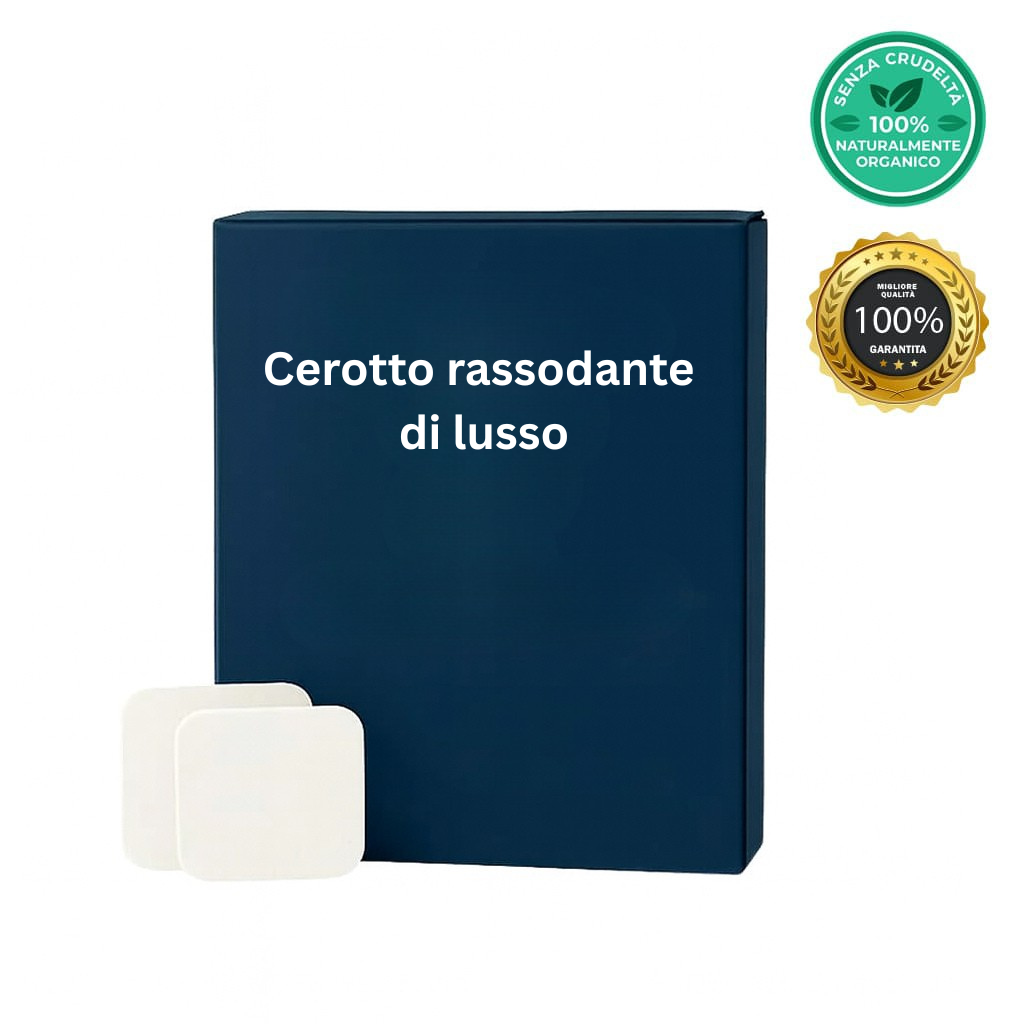 Cerotto rassodante di lusso - confezione con cerotto e badge di qualità naturale.