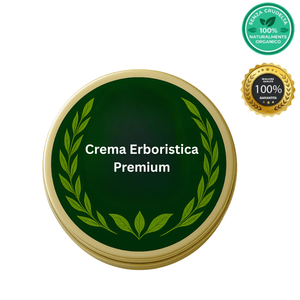 Crema Erboristica Premium, crema leggera con packaging verde e dettagli botanici per una bellezza naturale.