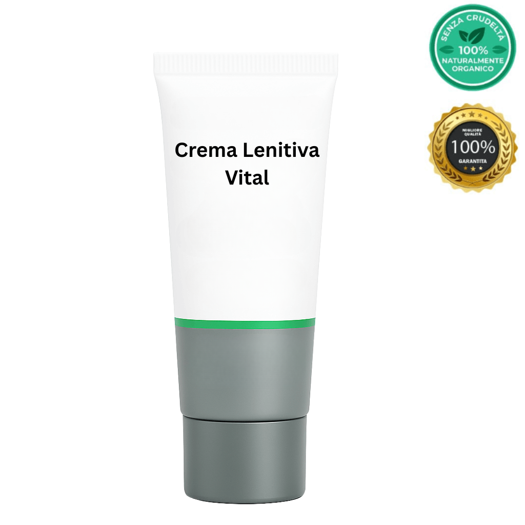 Crema Lenitiva Vital in tubo con certificazioni di naturalezza e garanzia.