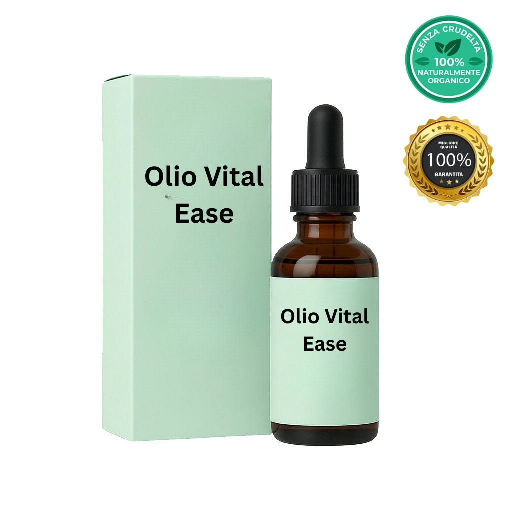 Olio Vital Ease in a green box with dropper for skincare routine, promoting smooth and even skin.