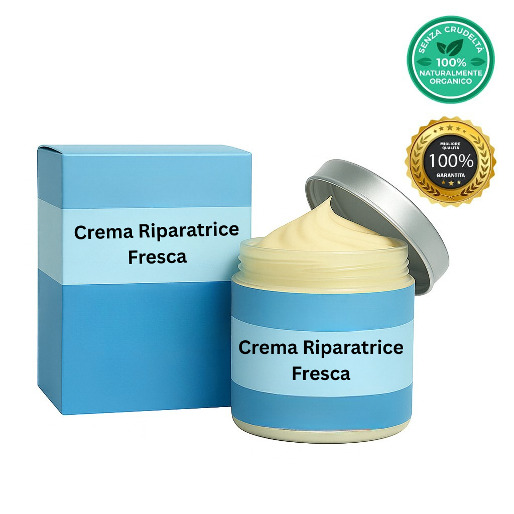 Crema Riparatrice Fresca in un barattolo con coperchio, confezionata in una scatola blu.