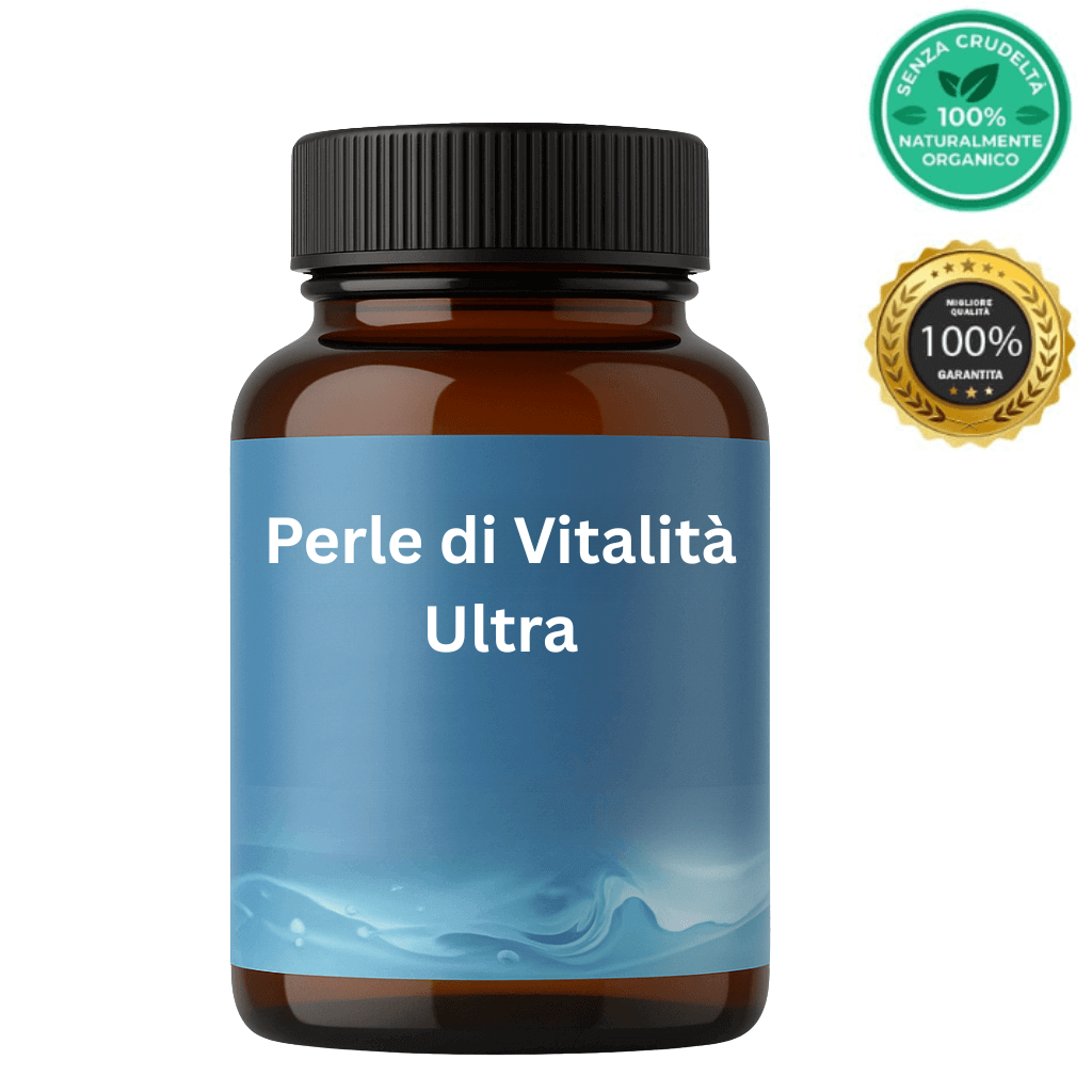 Flacone di Perle di Vitalità Ultra con etichetta blu e sigillo di garanzia bio.