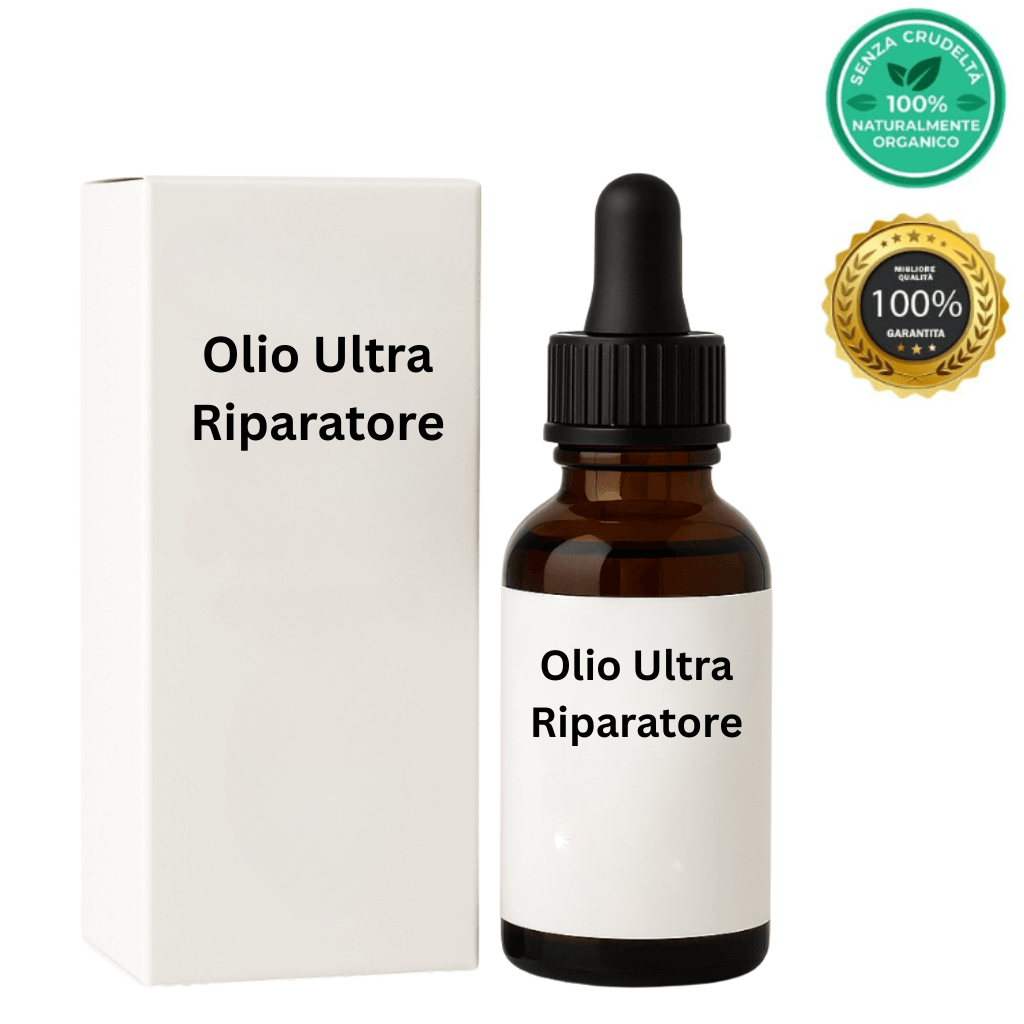 Olio Ultra Riparatore in flacone con contagocce, confezione elegante per la bellezza della pelle.