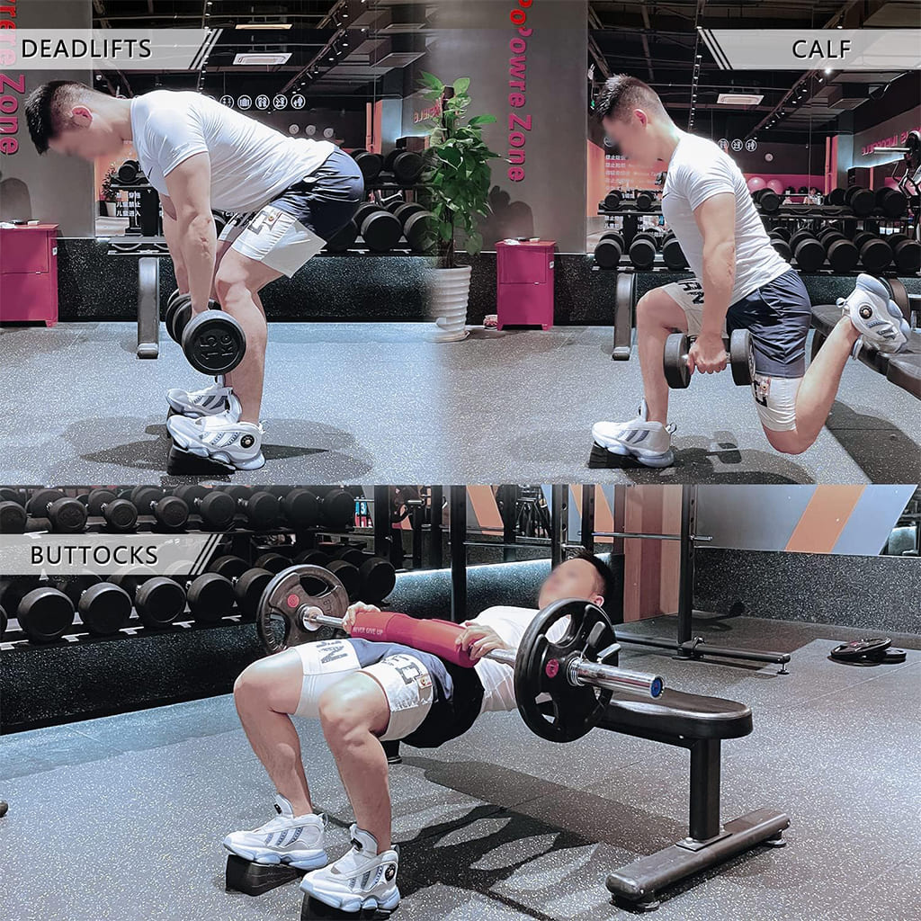 Pura Neve PosturaPad used for deadlifts, calf exercises, and buttocks workouts in a modern gym.