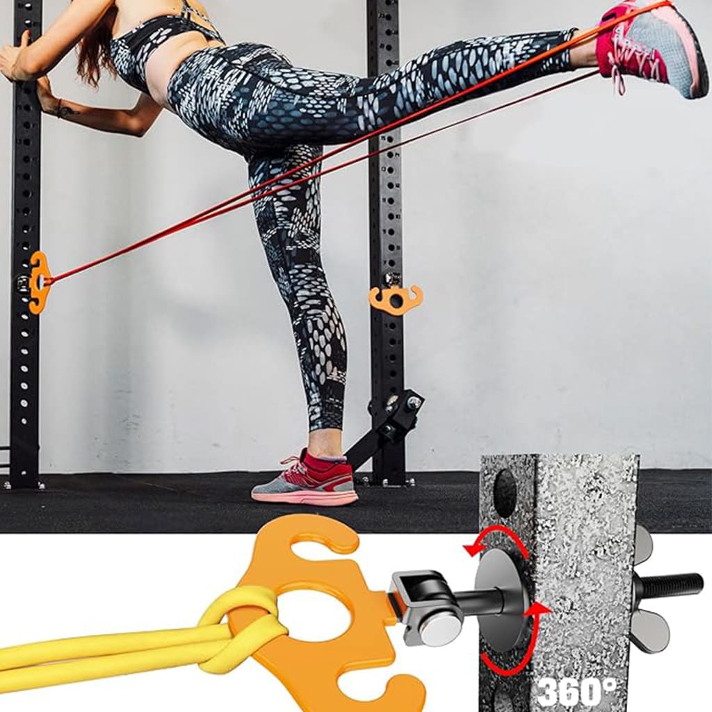 Pura Neve AnchorGrip in use, showcasing resistance bands attached to a workout rack for effective training.