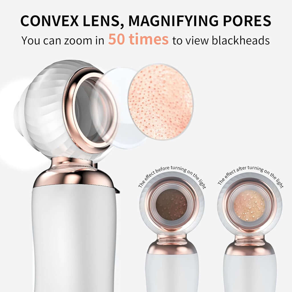 Pura Neve – Aspiratore Punti Neri Ricaricabile with convex lens for magnifying pores and viewing blackheads.