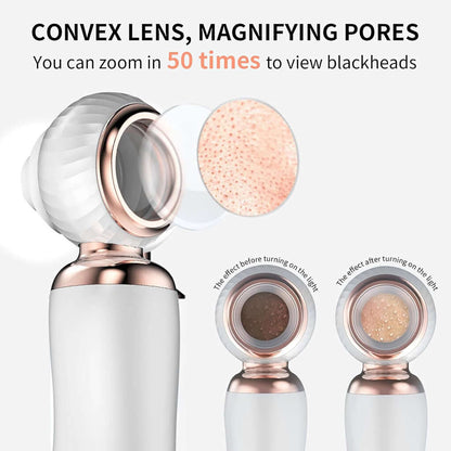 Pura Neve – Aspiratore Punti Neri Ricaricabile with convex lens for magnifying pores and viewing blackheads.