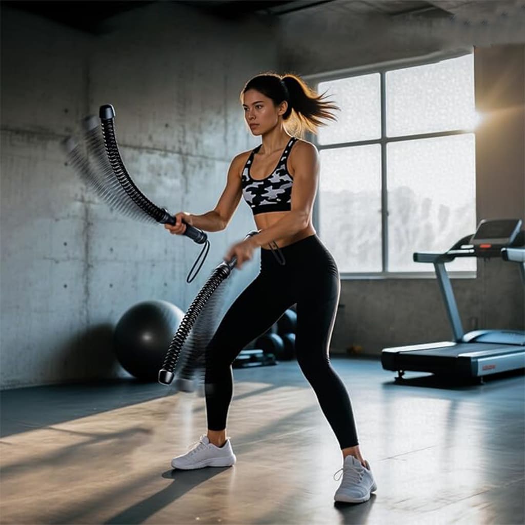 Pura Neve CoreWhip in use by a woman, showcasing intense arm and core workout without ropes.