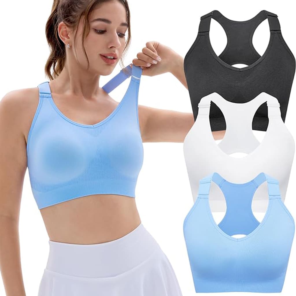 Pura Neve FlexLuxe: reggiseno sportivo traspirante disponibile in blu, bianco e nero, perfetto per ogni movimento.