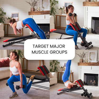 Pura Neve FormaBench showing versatile workouts targeting major muscle groups in a stylish home environment.