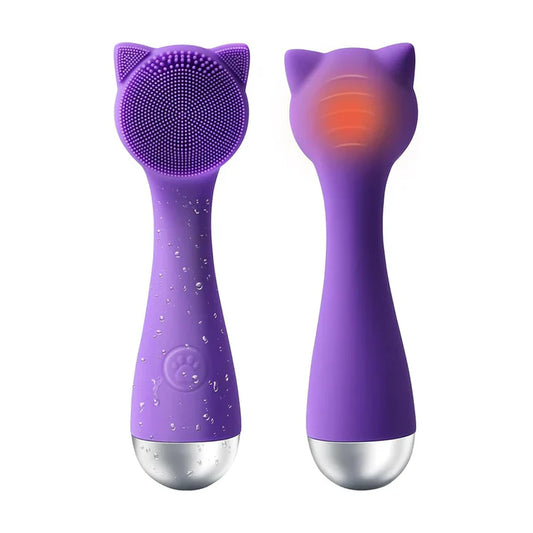 Pura Neve – Spazzola Viso Elettrica in silicone ipoallergenico, colore viola con design a orecchie di gatto.