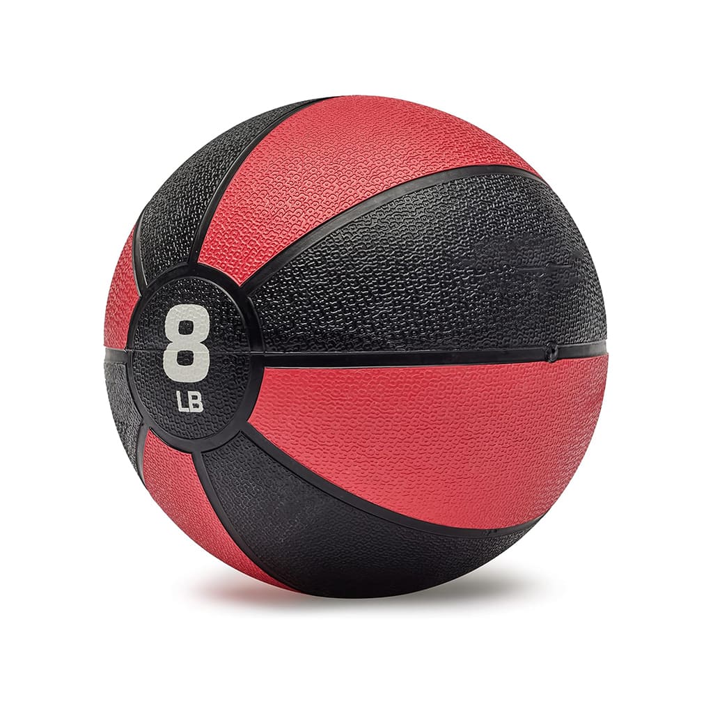 Pura Neve VitalSphere, palla medica da 8 lb in rosso e nero, ideale per allenamenti di equilibrio e coordinazione.