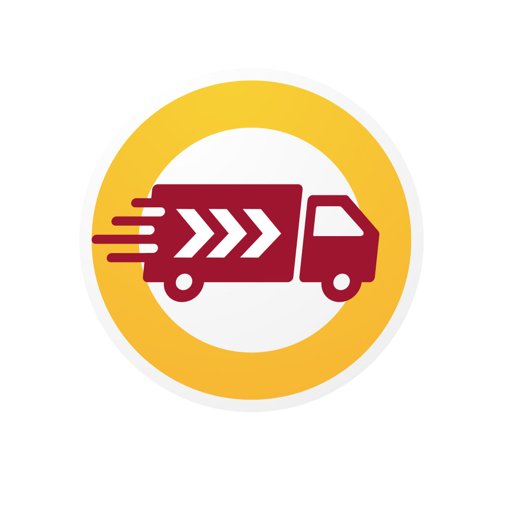 Icon representing Spedizione prioritaria with a delivery truck speeding forward on a yellow background.