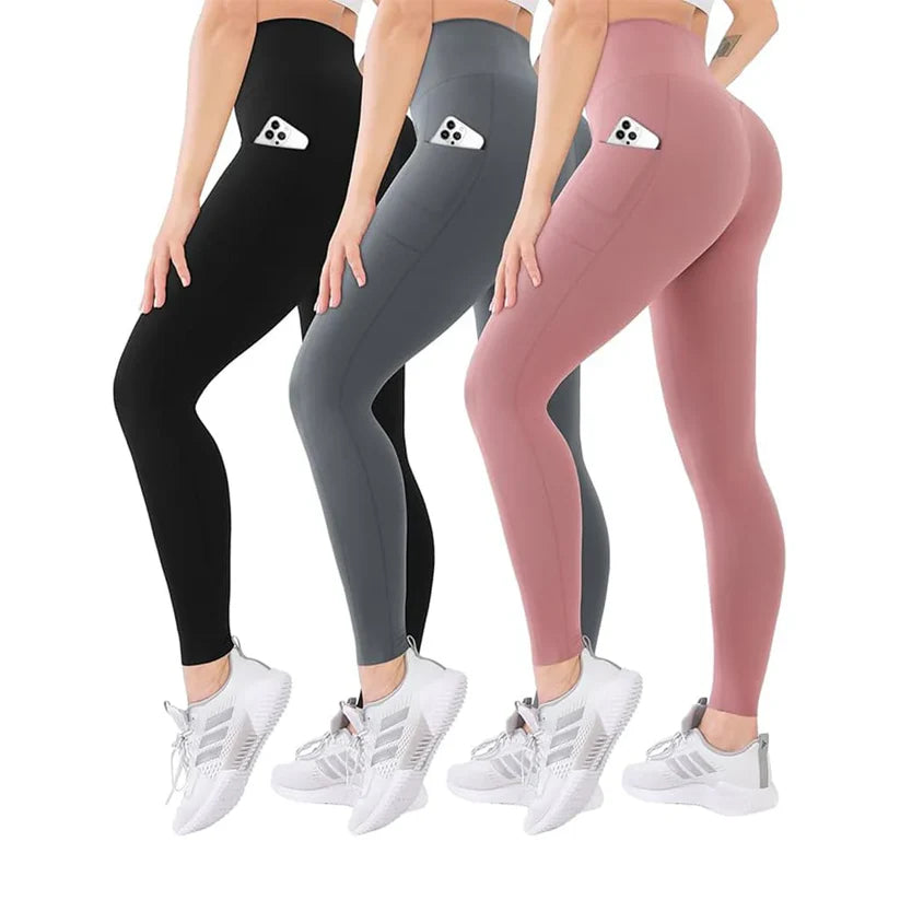 Pura Neve SilhouetteWrap: leggings in black, gray, and pink, designed for comfort and support during workouts.