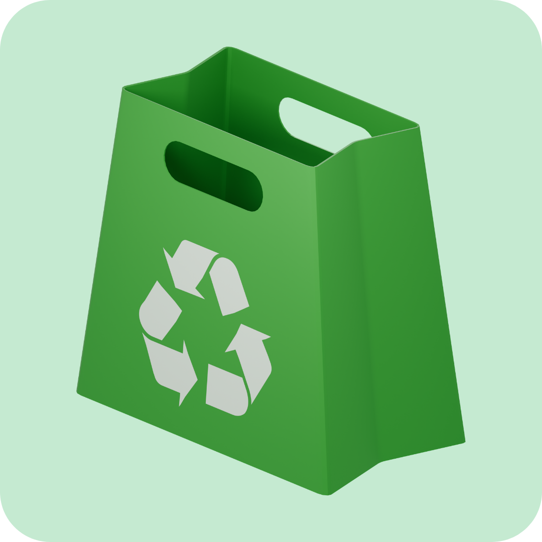 Imballaggio Ecologico: borsa verde con simbolo del riciclo, rappresenta un packaging sostenibile.
